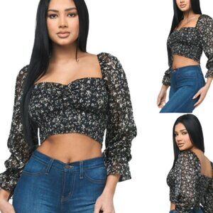 NWT Floral Print Smock Crop Reset by Jane Black Shirt Top Long Sleeve